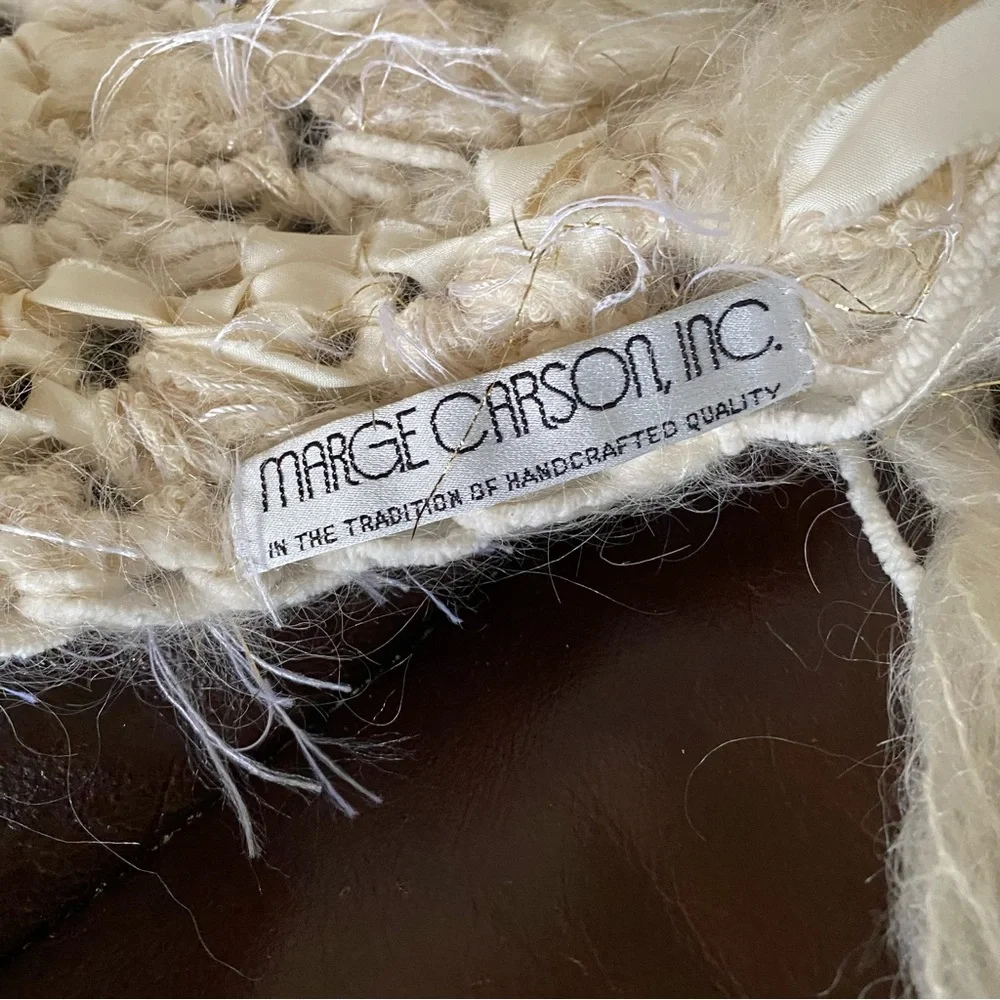 Marge Carson Woven‎ Crochet Knit Fringe Cream Off White Throw Blanket Decorative